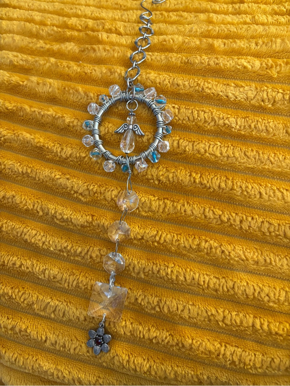Hand Crafted Silver-Tone Angel Crystal Suncatcher with Clear and Aqua Accents
